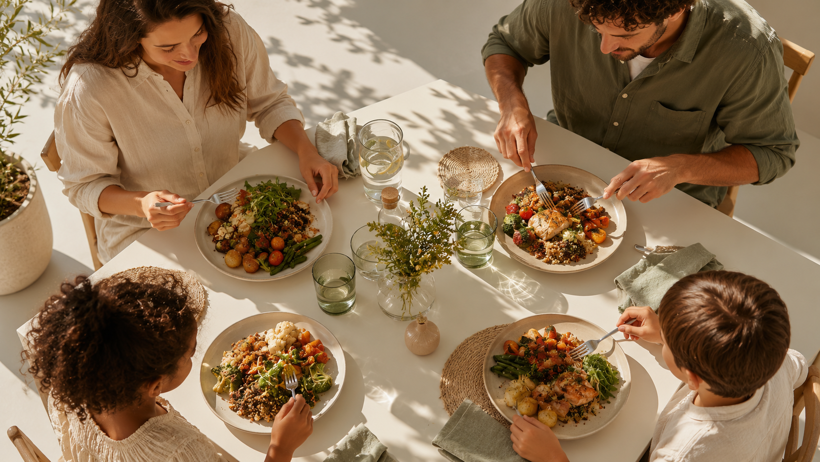 Familie isst gemeinsam gesundes Essen an einem hellen Holztisch